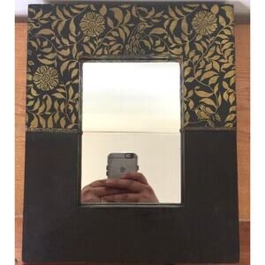 Vtg Asian Indian Style Framed Table Top Mirror Wooden Framed Floral Foil Accents